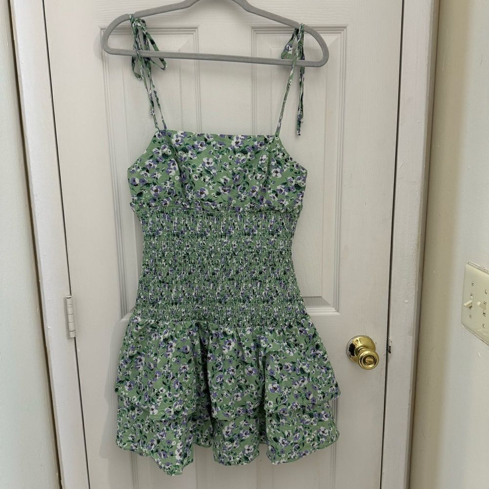 English Factory Floral Smocked Mini Dress Size Small Green Purple Tie Strap